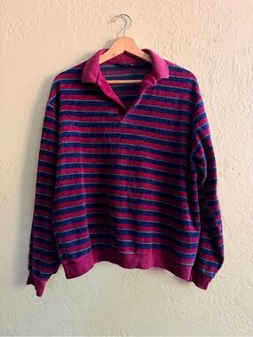 Vintage Chesterfield Men's Burgundy and Navy Striped Polo Sweater